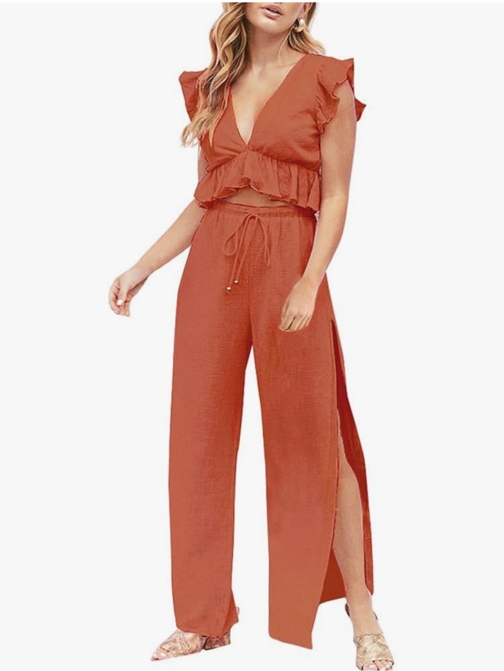 XSM 2 Pieces Outfit- V Neck Crop Top & Side Slit Drawstring Wide Leg Pant